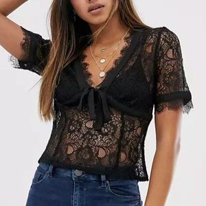 Fashion Union Black Lace Short Sleeve Top with Tie Front NWT
